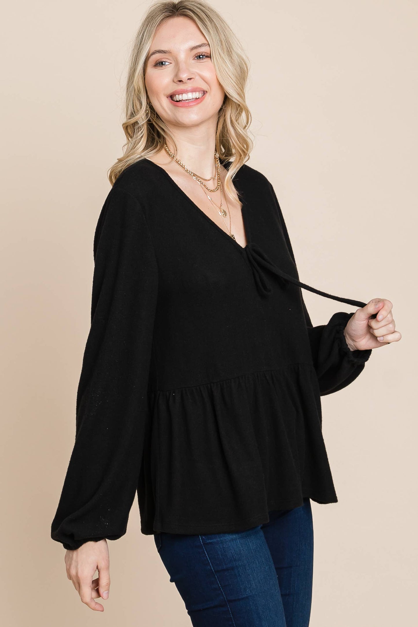 Solid Hacci Brush Babydoll Top