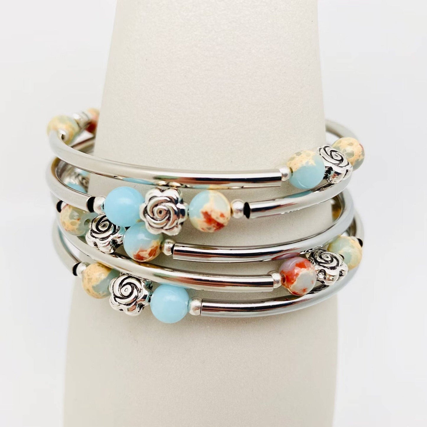 Natural Stone Multi-Layer Wrap Beaded Bangle Bracelets