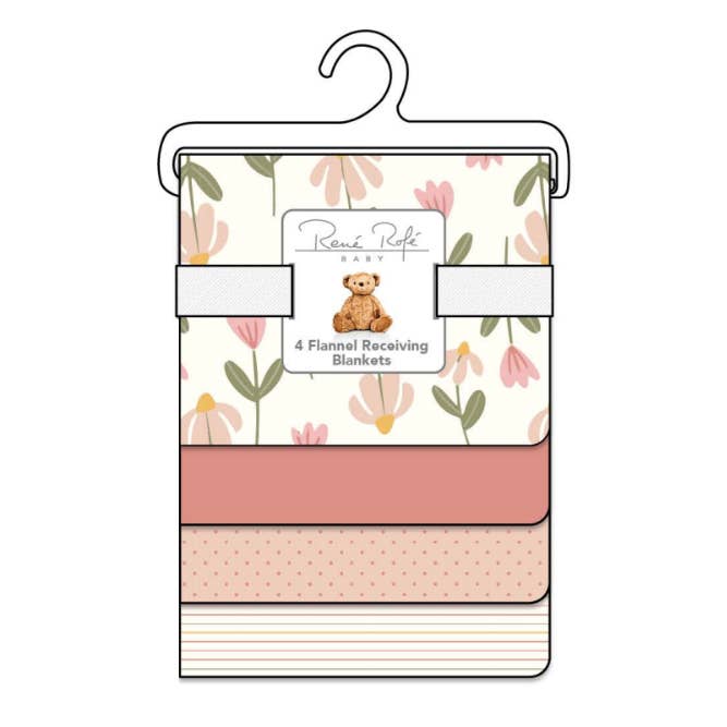 100% Cotton Rene Rofe 4-Pack Flannel Receiving Baby Blankets