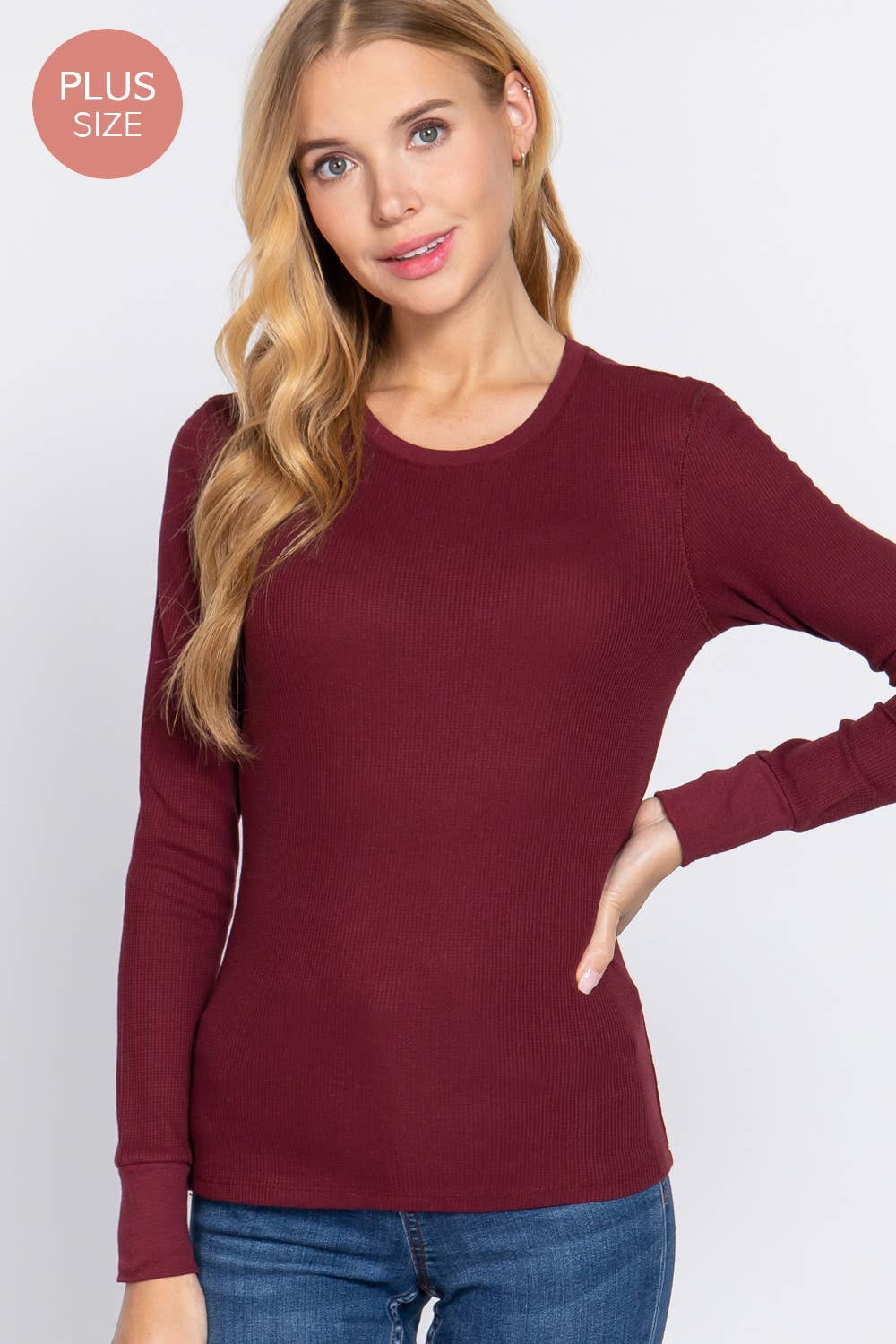 [PLUS SIZE] Long Sleeve Crew Neck Thermal Knit Top