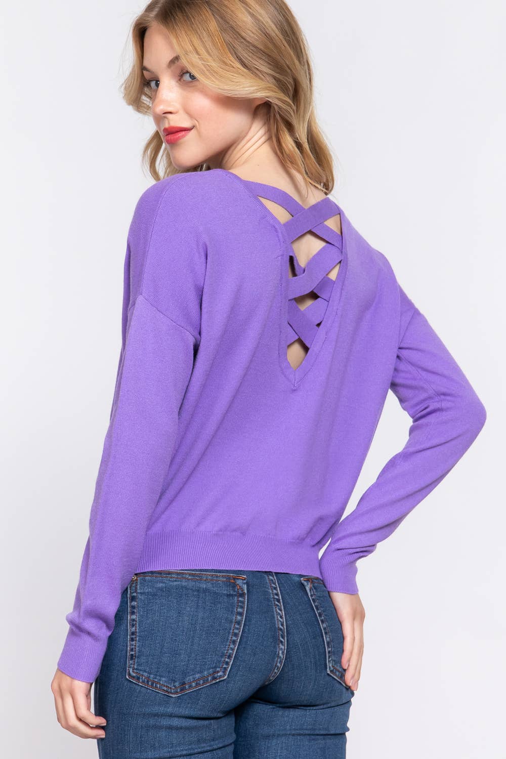 Long Sleeve V-neck Back Cross Strap Viscose Sweater
