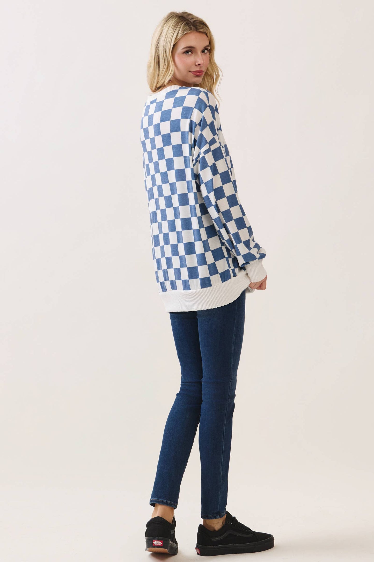 Checkered Print Drop Shoulder Pullover Top T6165