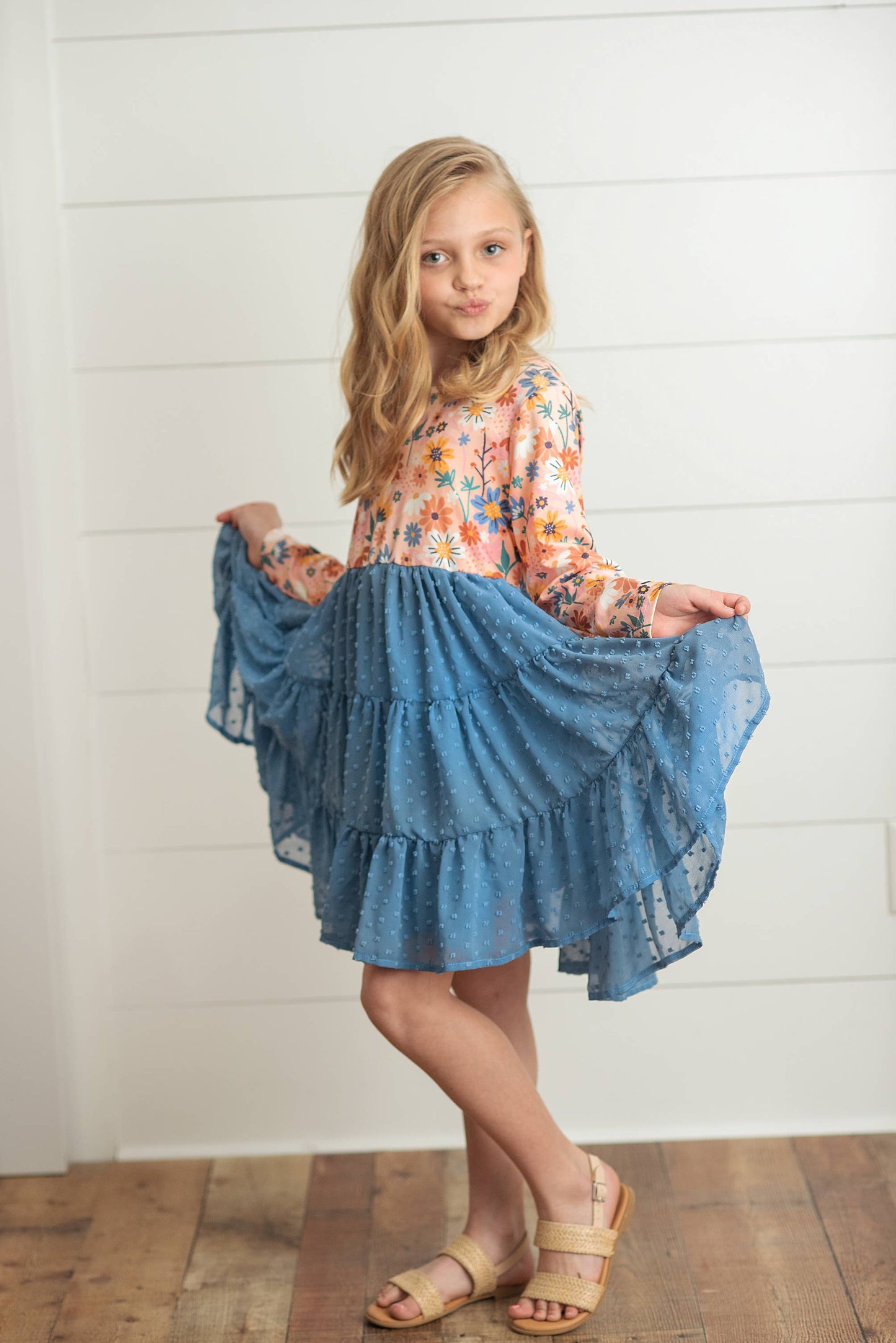 Kids Dusty Blue Flower Print Swiss Dot Tulle Dress