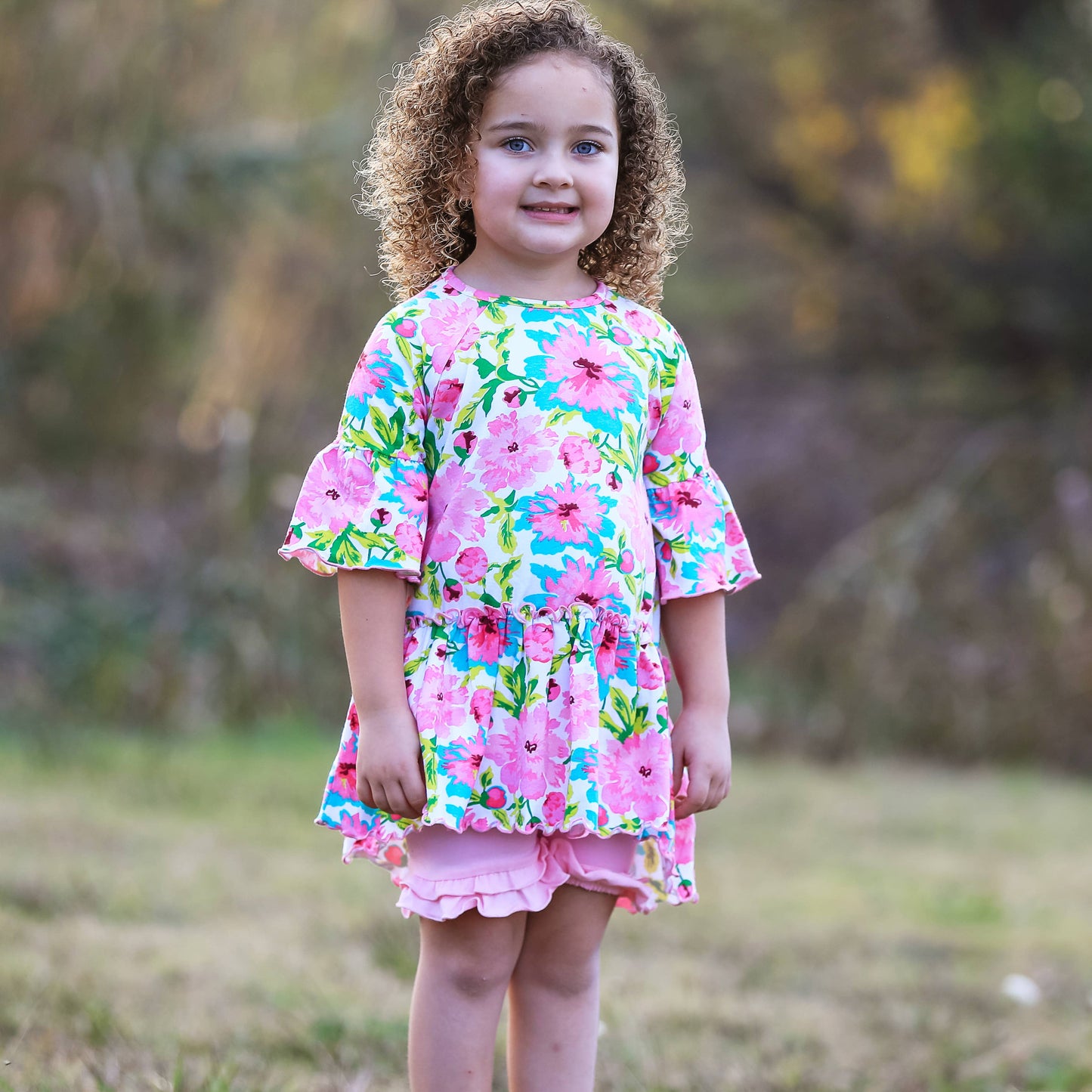 Girls Angel Sleeve Pink Floral Ruffle Hi Low Shirt With Leggings
