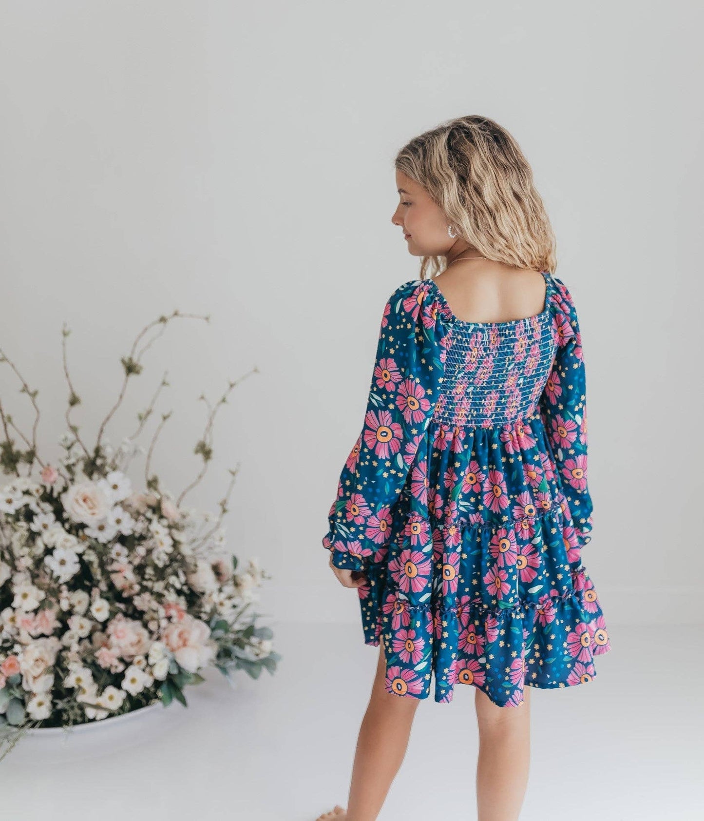 Girls Grace Blue & Pink Flower 3 Tiered Smocked Dress