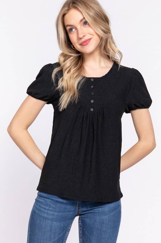 Short Sleeve Round Neck Front Button & Smocking