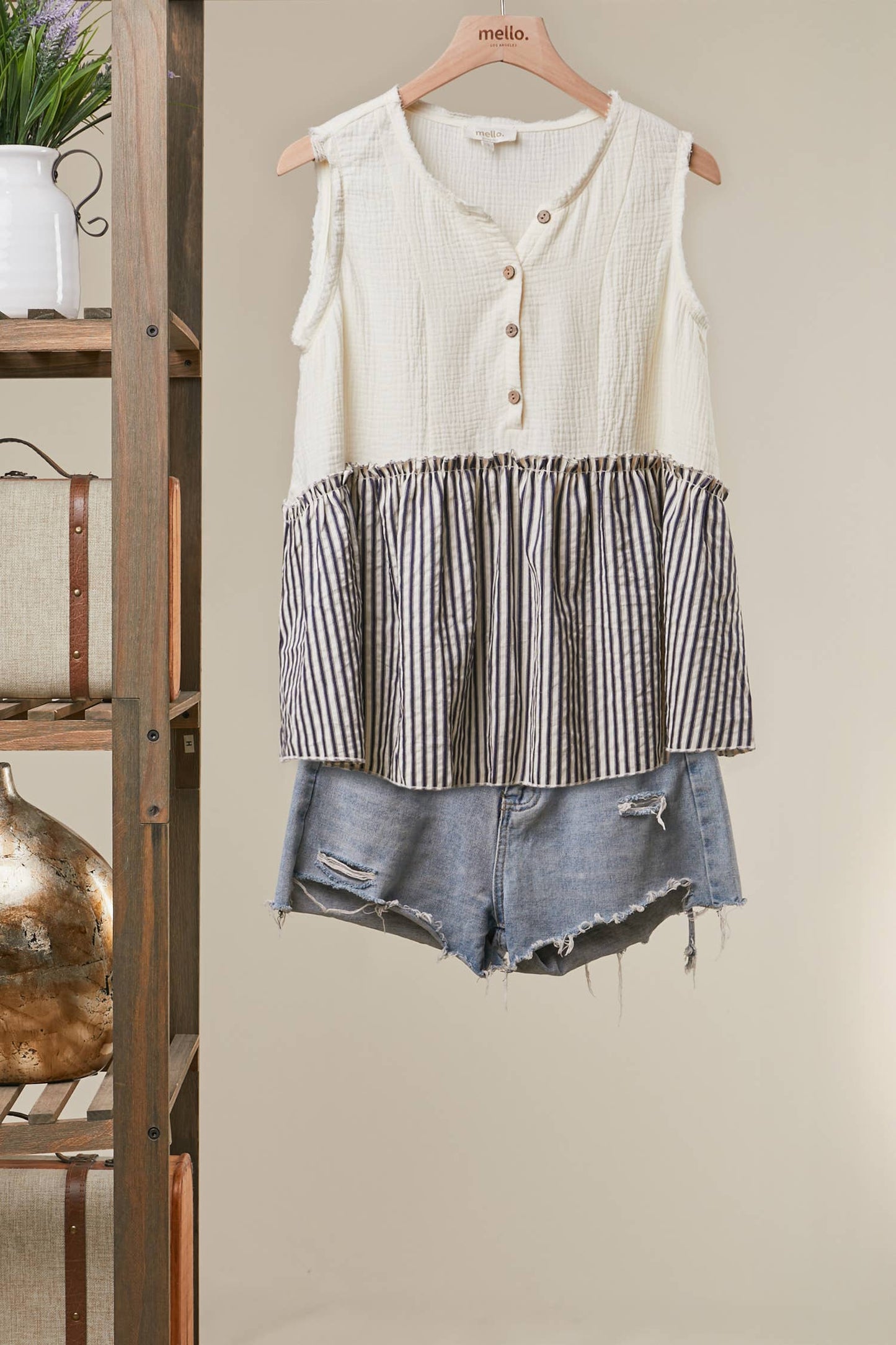 Striped Tiered Button Sleeveless Top