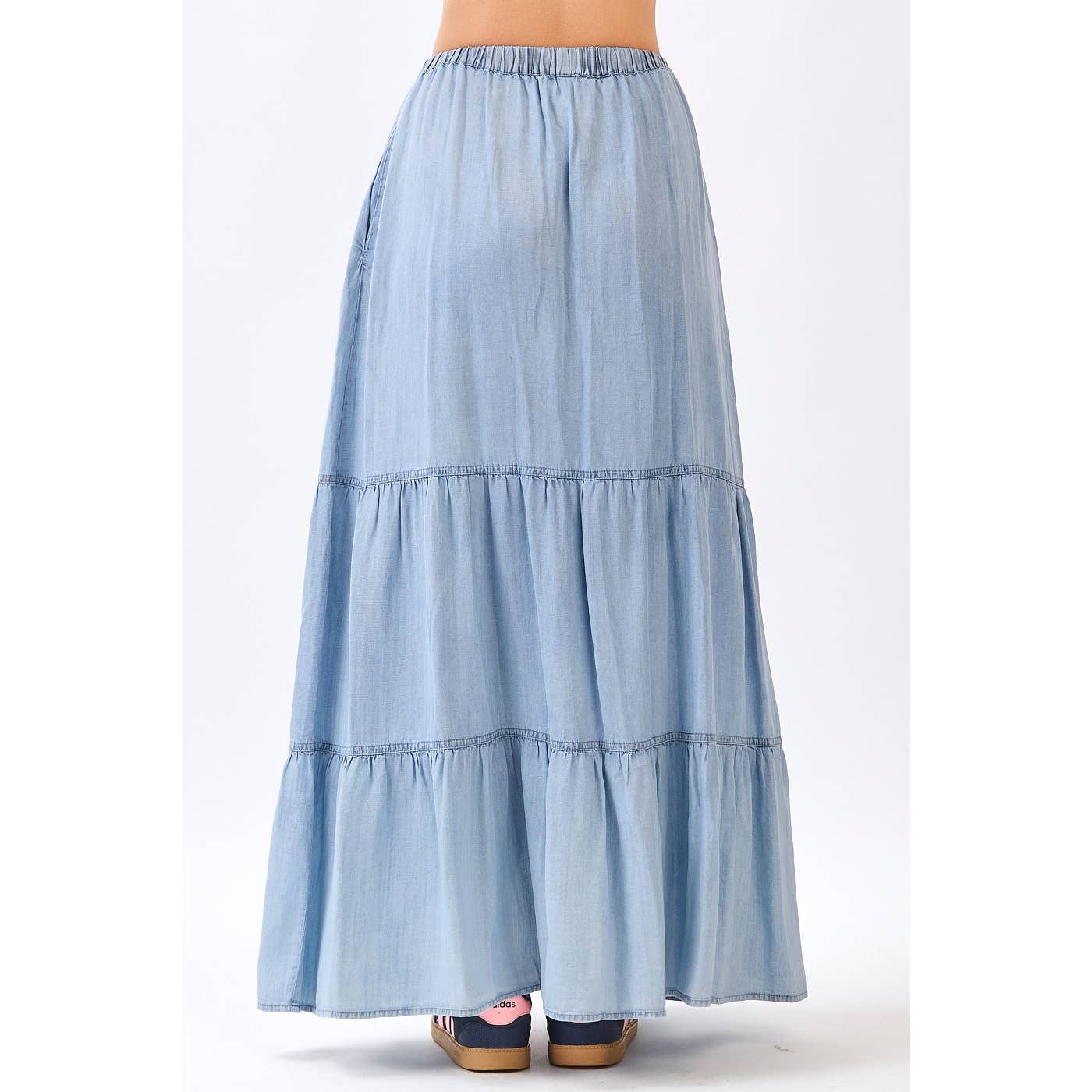 WASHED CHAMBRAY BUTTON FRONT TIERED MAXI SKIRT
