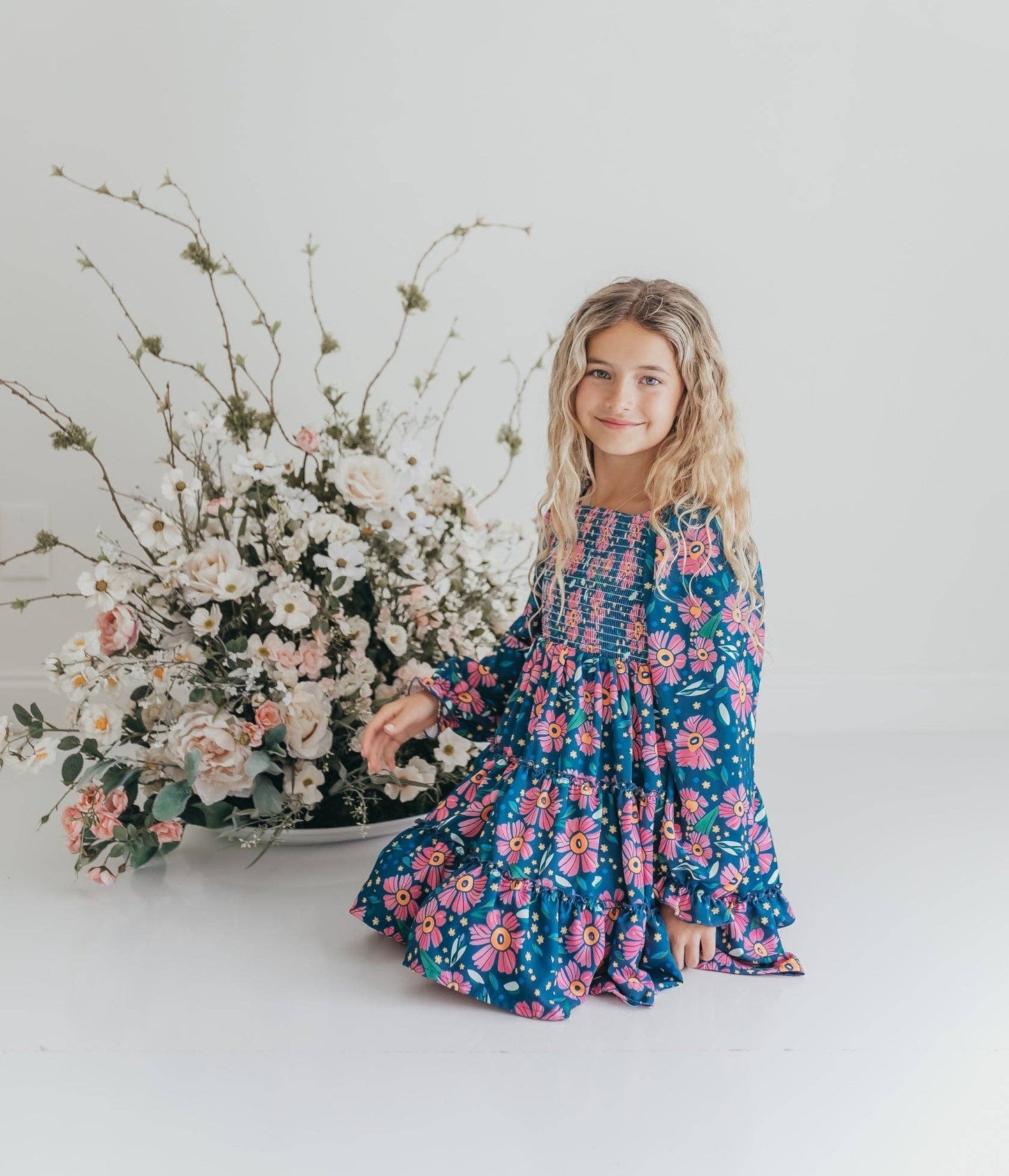 Girls Grace Blue & Pink Flower 3 Tiered Smocked Dress