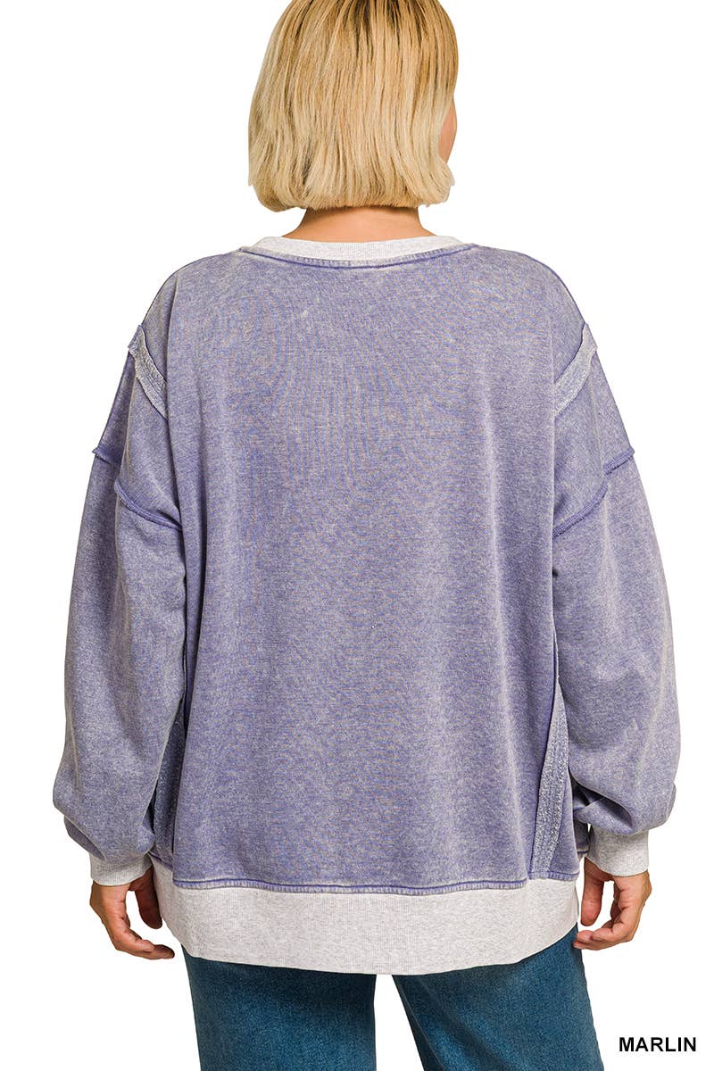 Plus Fleece Acid Washed Contrast Trim Pullover Zenana