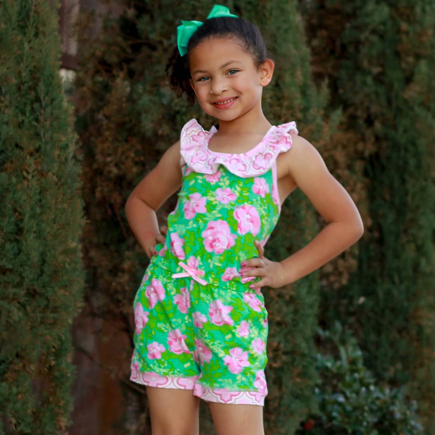 Girls Pink Green Floral Jumpsuit Romper
