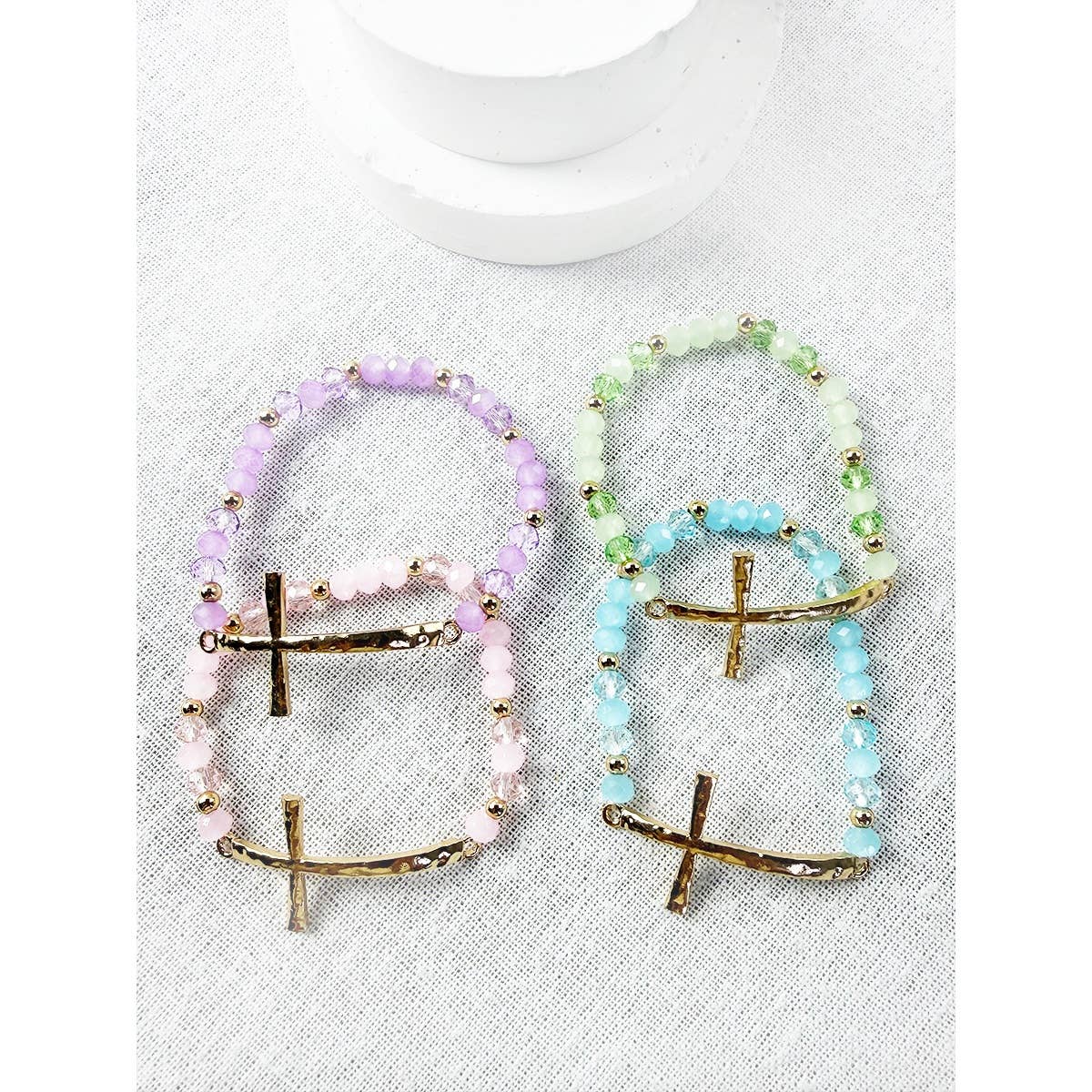 Hammered Cross Soft Tone Mixed Bead Stretch Bracelet