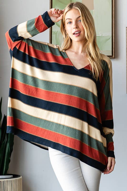 LONG DOLMAN SLEEVE V NECK STRIPE PRINT TOP