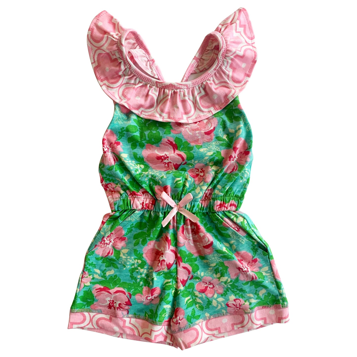 Girls Pink Green Floral Jumpsuit Romper