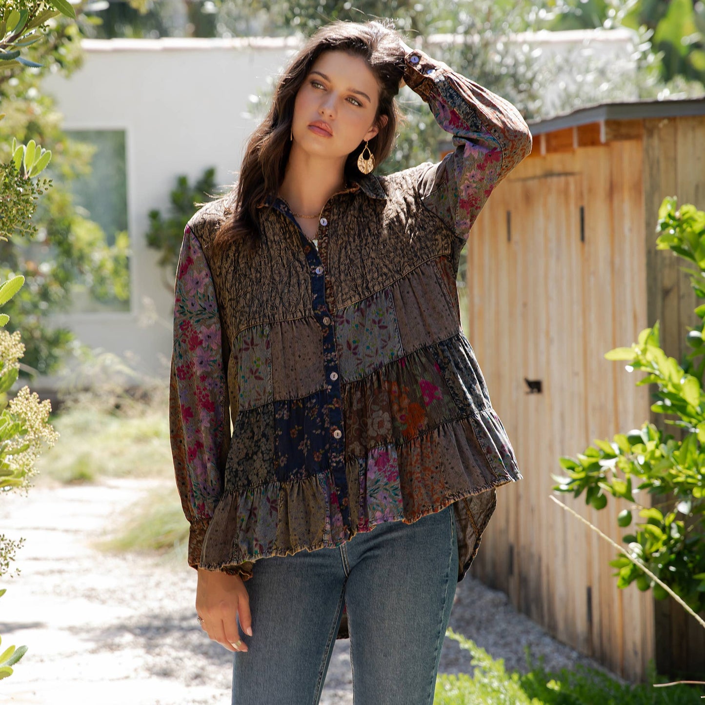 Front-Open Boho Shirt with Quilted Emb & Rayon Tiers