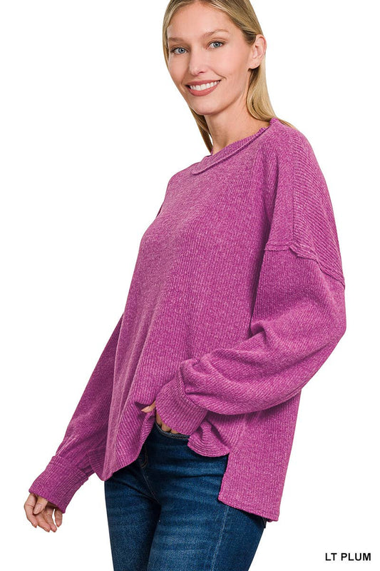 Brushed Ribbed Exposed Seam Drop Shoulder Sweater
