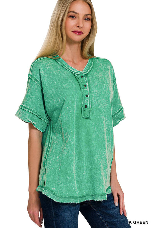 Washed Raw Edge Detailed Button Closure Top