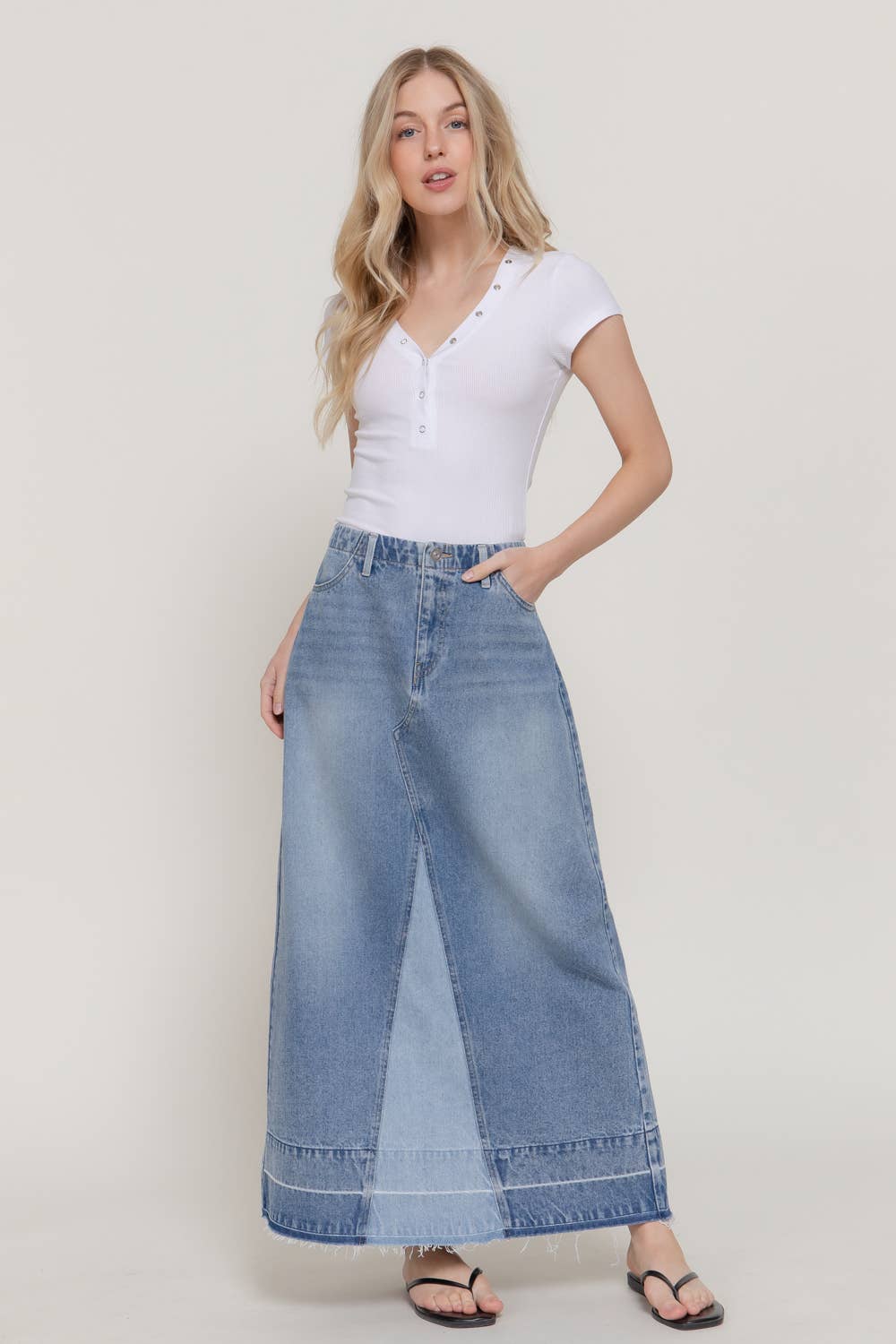 Combined Denim Midi Skirt