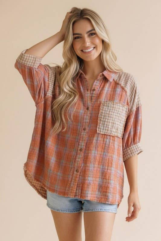 Button Up Raglan Plaid Color Block Shirt Top