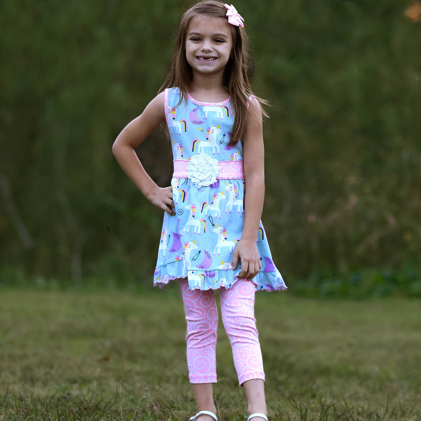 AnnLoren Girls Unicorn Dress & Pink Leggings