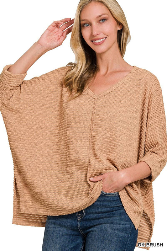 3/4 Sleeve V Neck Hi Low Hem Jacquard Sweater