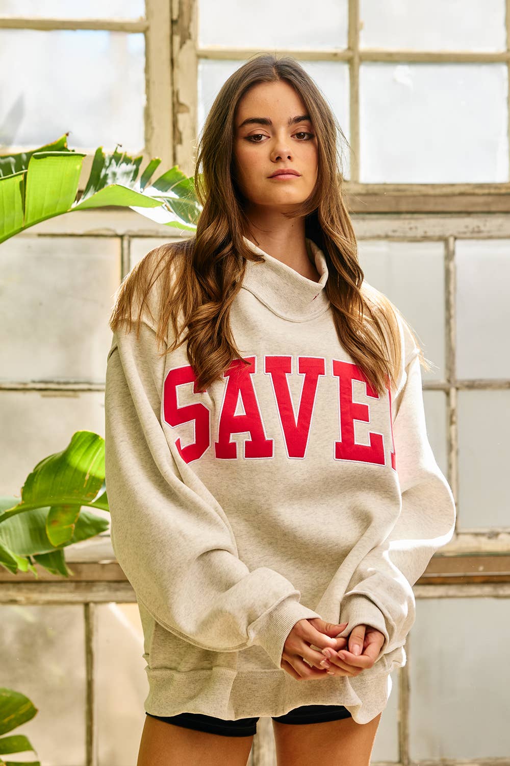 IT2594E-SAVED Embroidered "SAVED" Mock Neck Sweatshirt