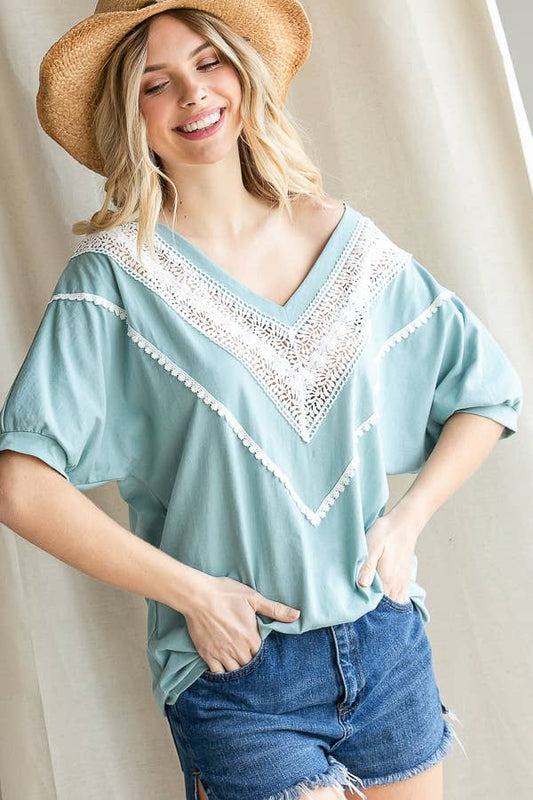 Solid Knit Lace Trim Detail V Neck Short Sleeve Top T3957
