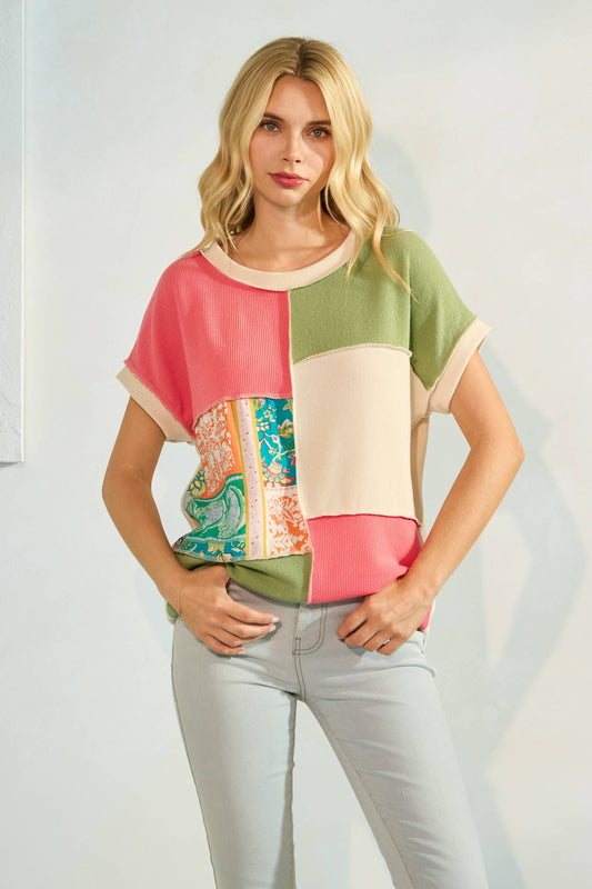 Color Block Patchwork Short Sleeve Top T5967