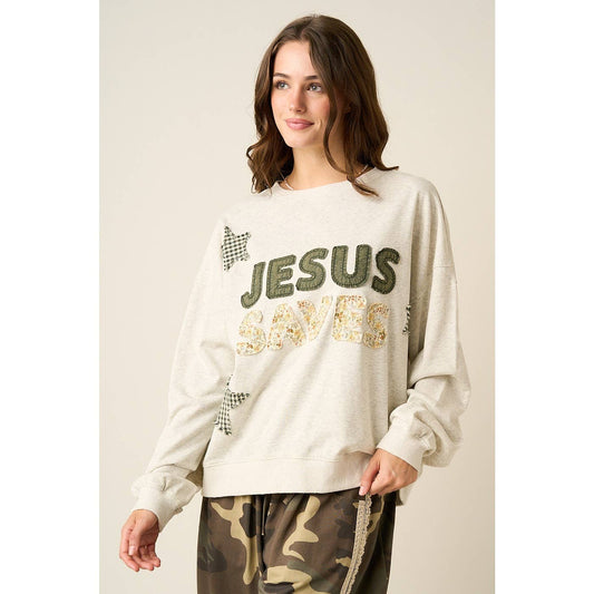 JESUS SAVES PATCHWORK CREW NECK SWEATSHIRT