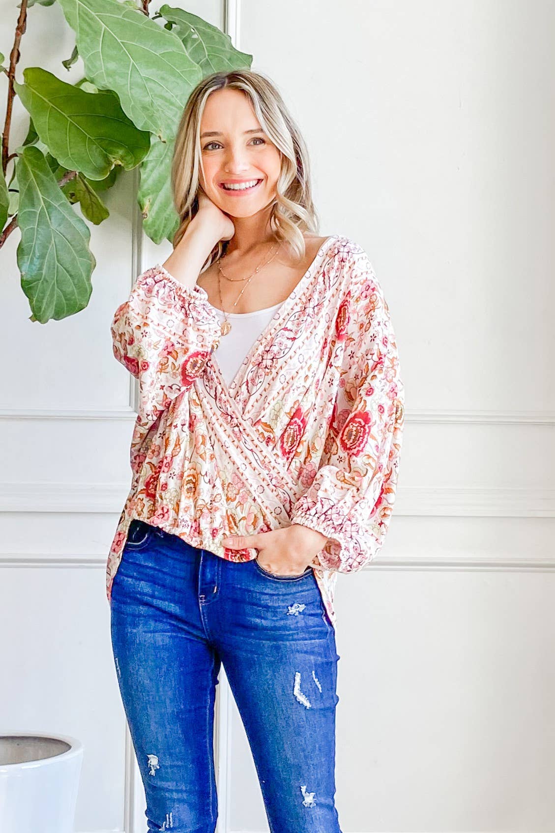 ATW13094 - Overlap Unbalance Floral Print Wrap Top