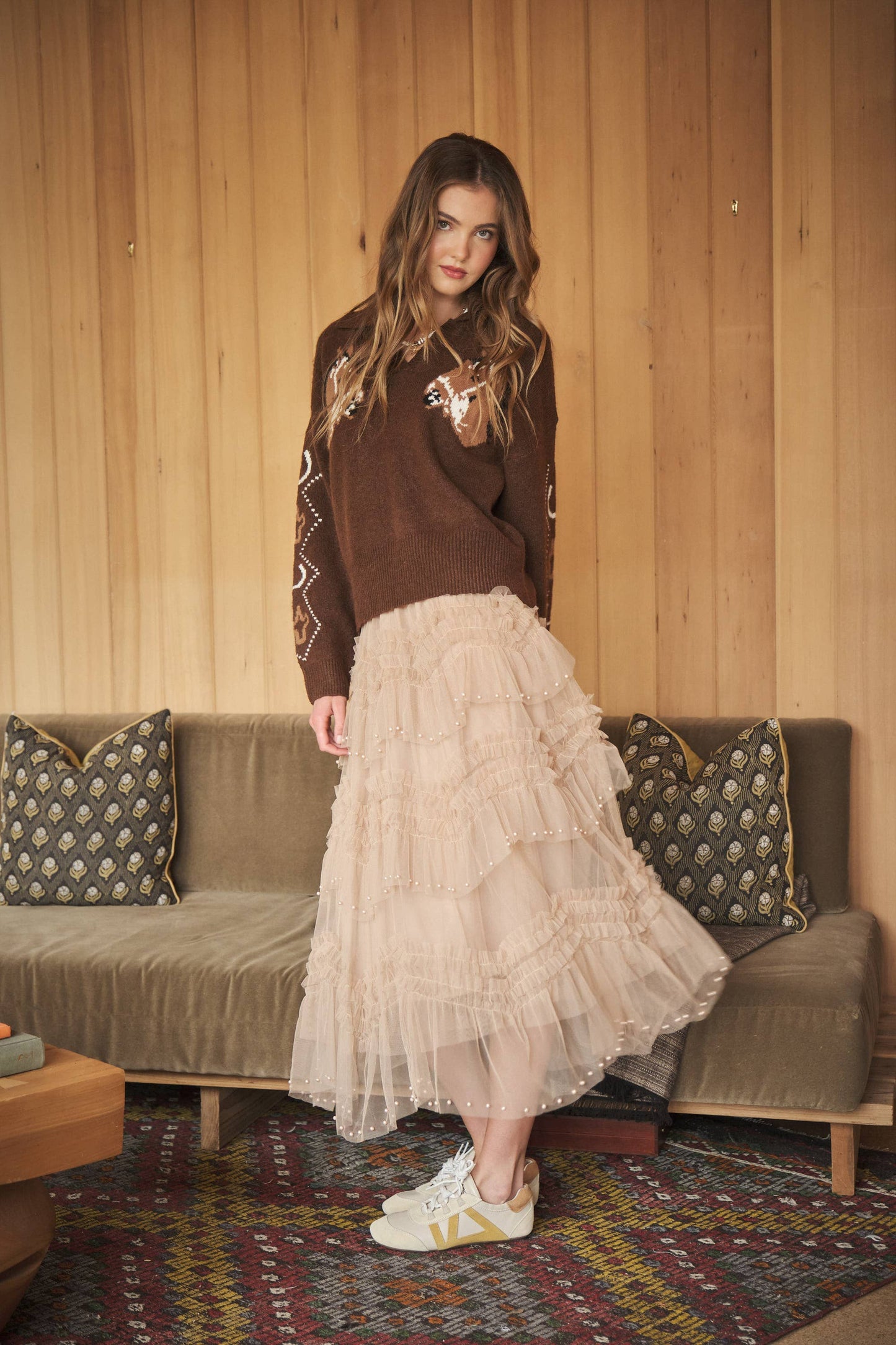Tiered Ruffle Tulle Skirt With Pearls