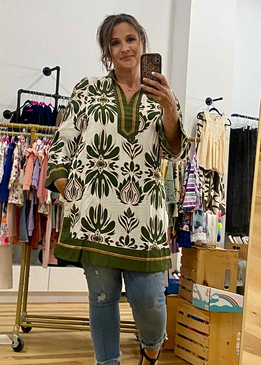 UMGEE - Baroque Floral Tunic Top with Gold Trim