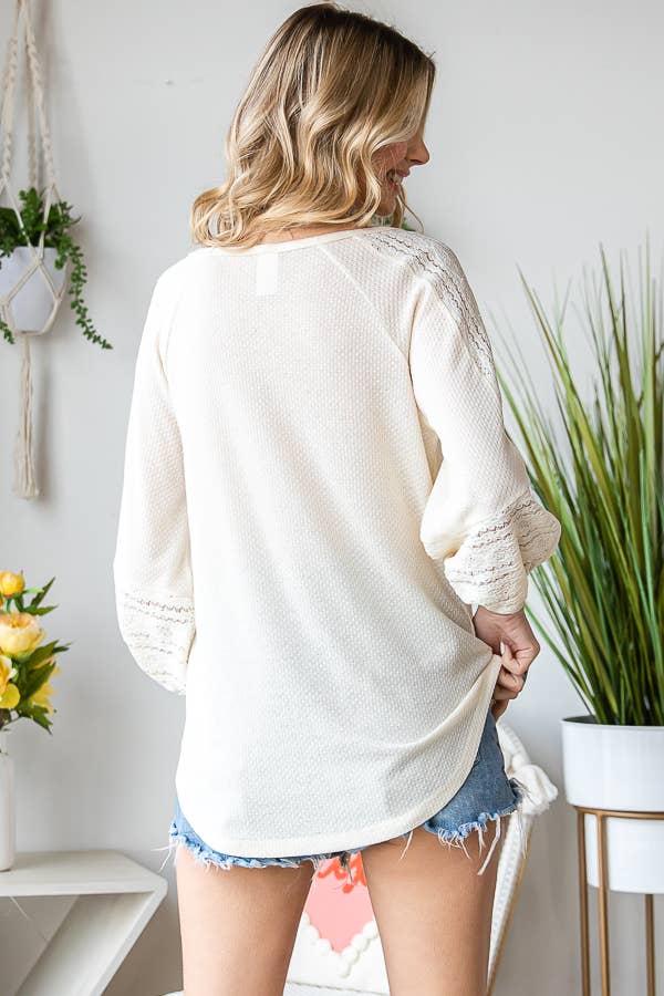 Waffle Knit Lace Contrast V Neck Bishop Sleeve Top  T5054