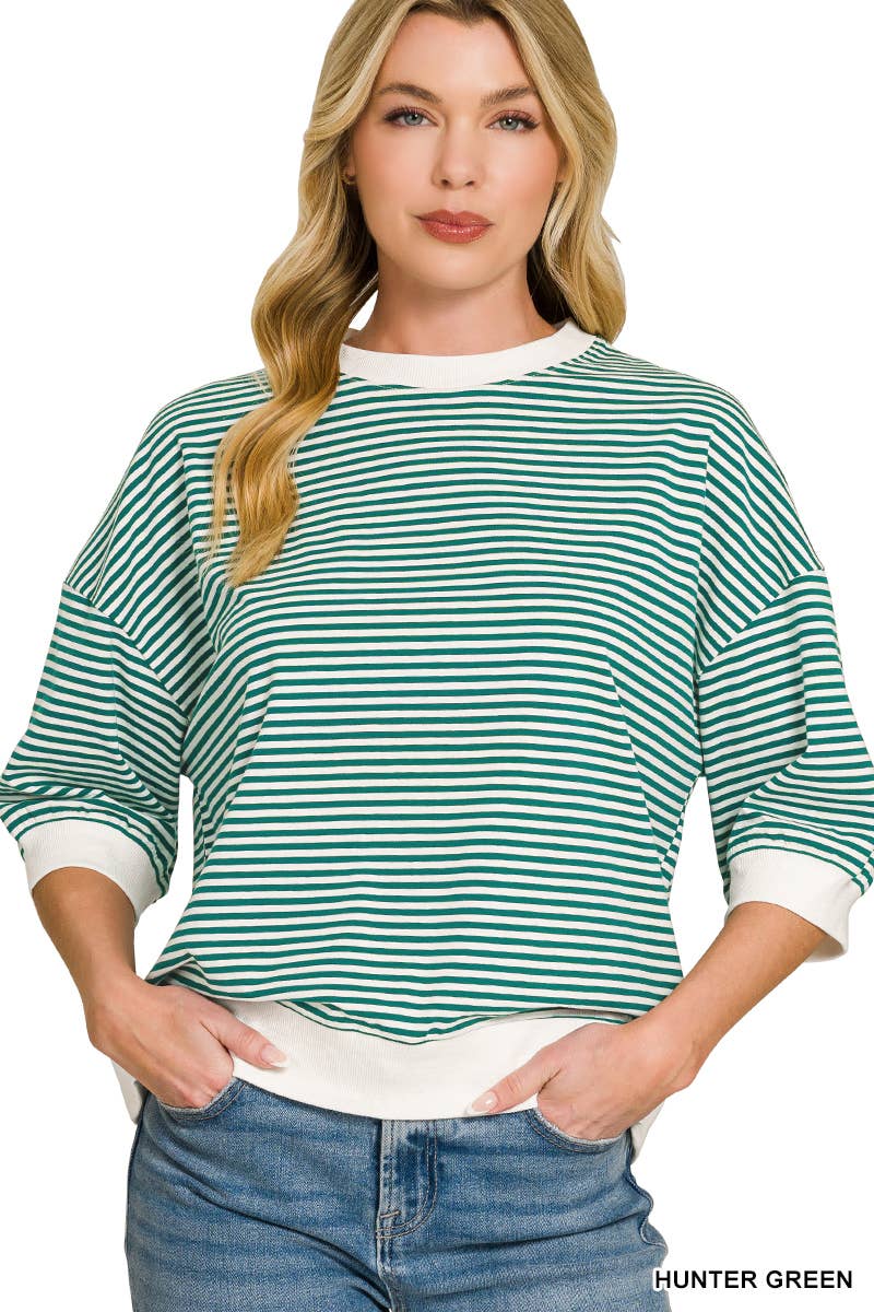 Striped Contrast Trim Banded Bottom Top - Zenana