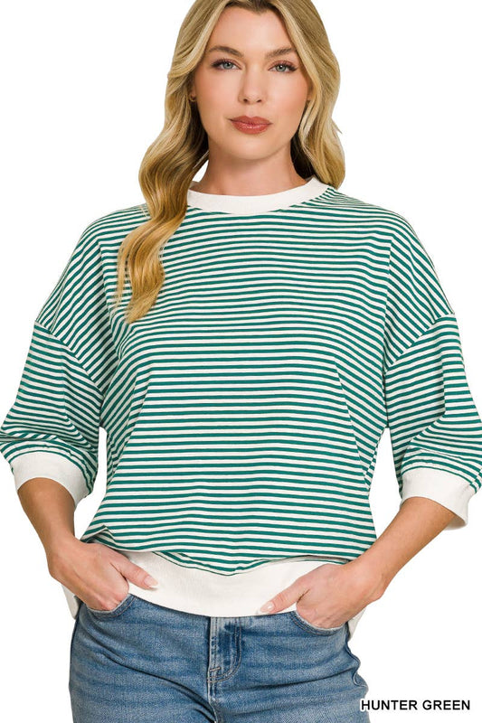 Striped Contrast Trim Banded Bottom Top - Zenana