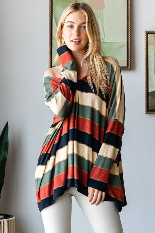 LONG DOLMAN SLEEVE V NECK STRIPE PRINT TOP