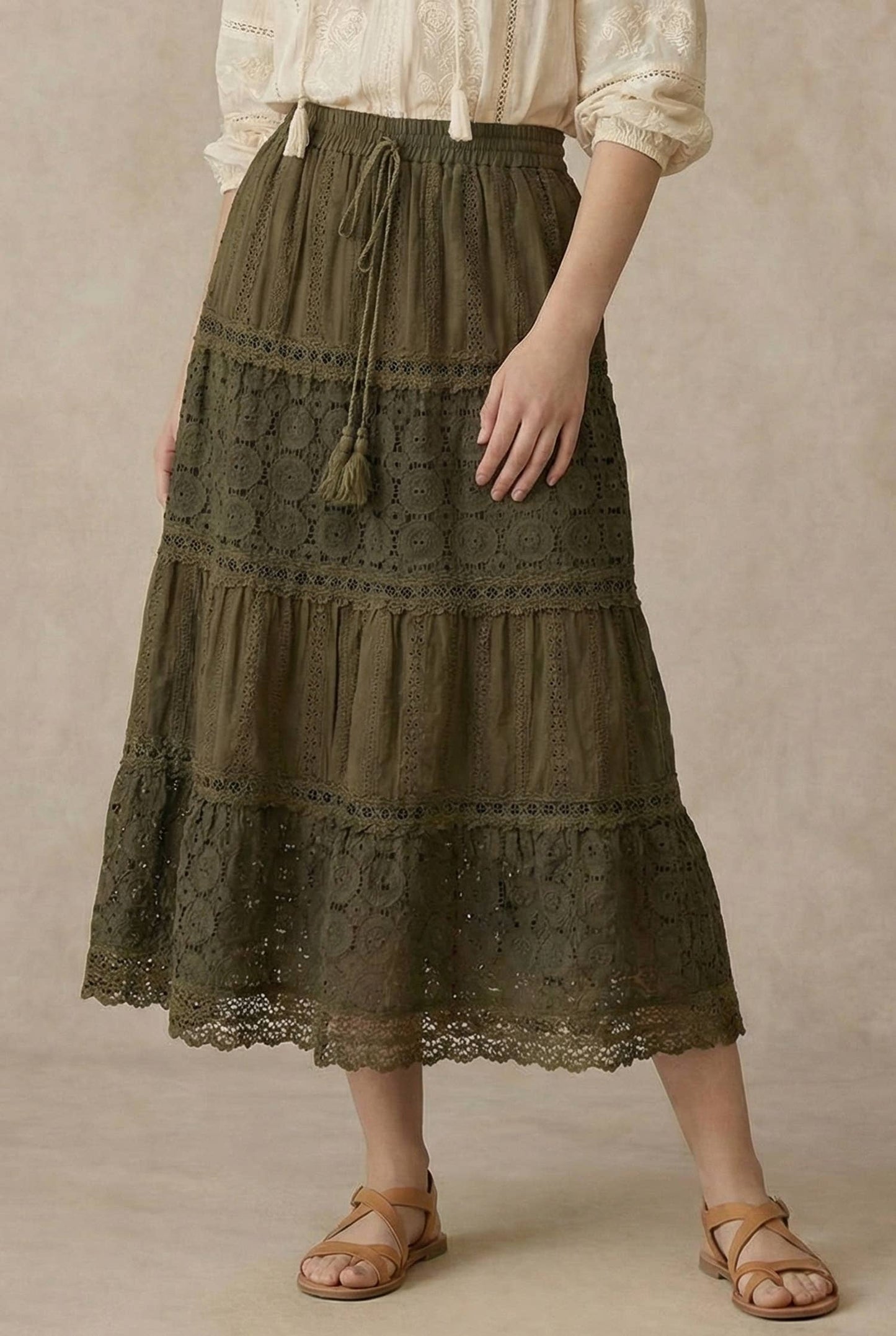Elastic Waist Maxi Skirt with Lace Trim