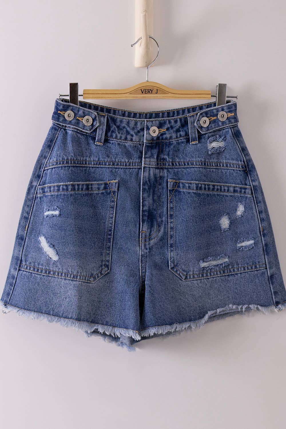 VERY JEAN Button Tab Detail Washed Denim Shorts