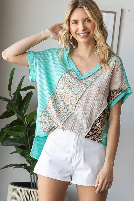 Multi Fabric Patchwork V neck Short Sleeve Top T5941