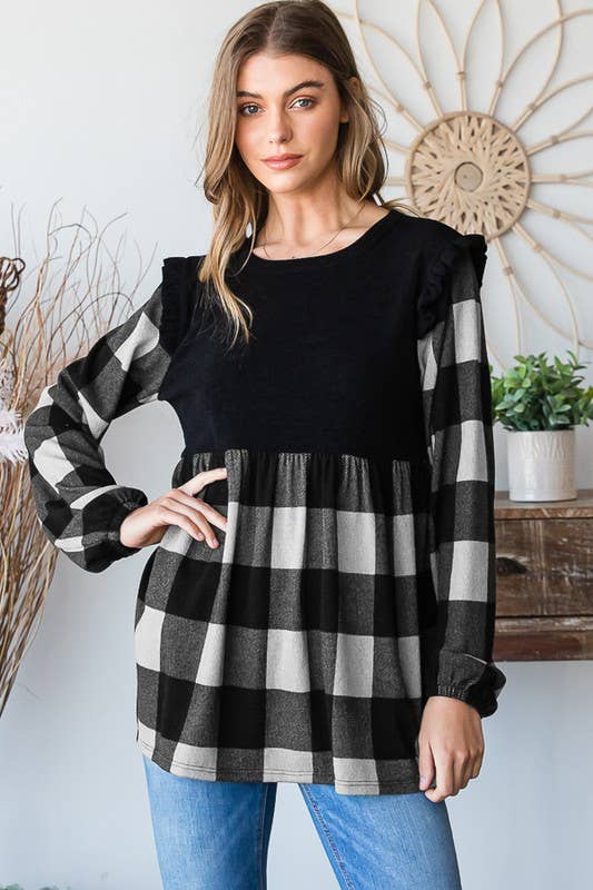 PUFF SLEEVE SOLID AND PLAID TOP WITH RUFFLED