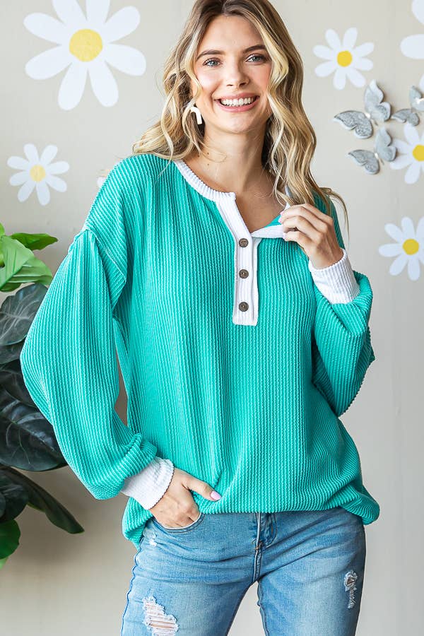 Ribbed Drop Shoulder Button Front Long Sleeve Top T5402