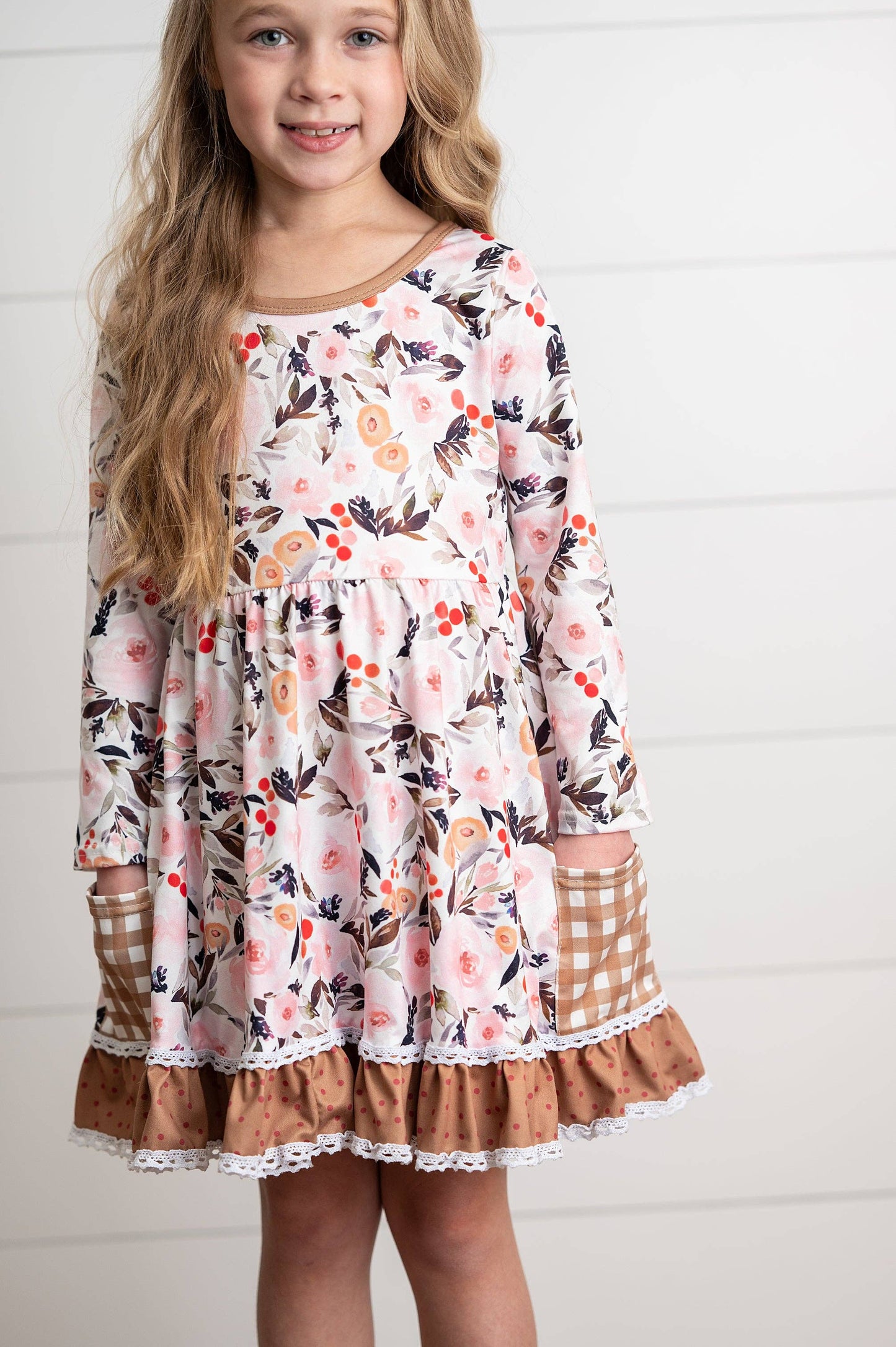 Girls Brown Check Pocket Fall Floral Dress With Cross Back