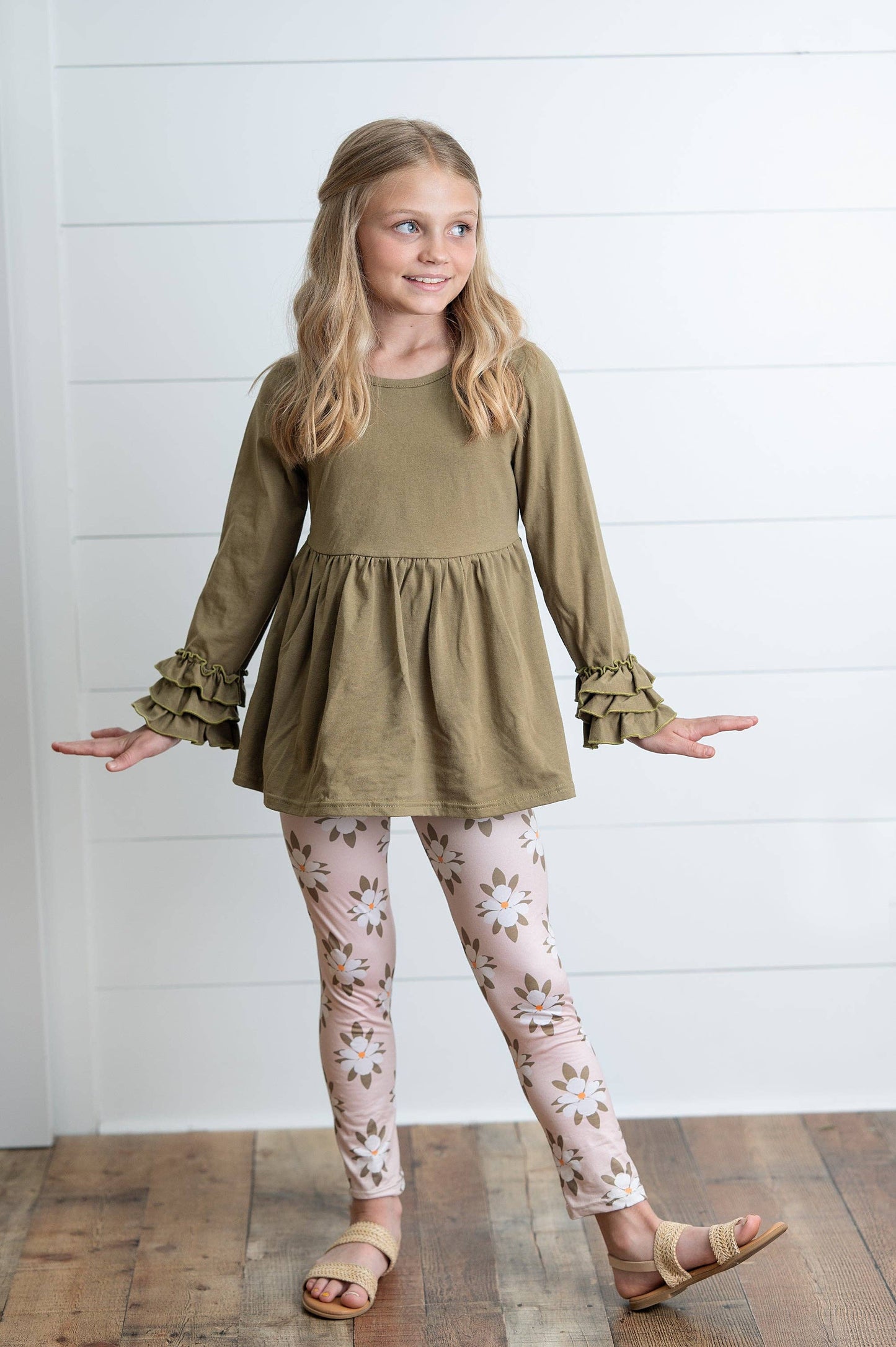 Girls Sage Green 3 Ruffles Shirt & Floral Leggings Set