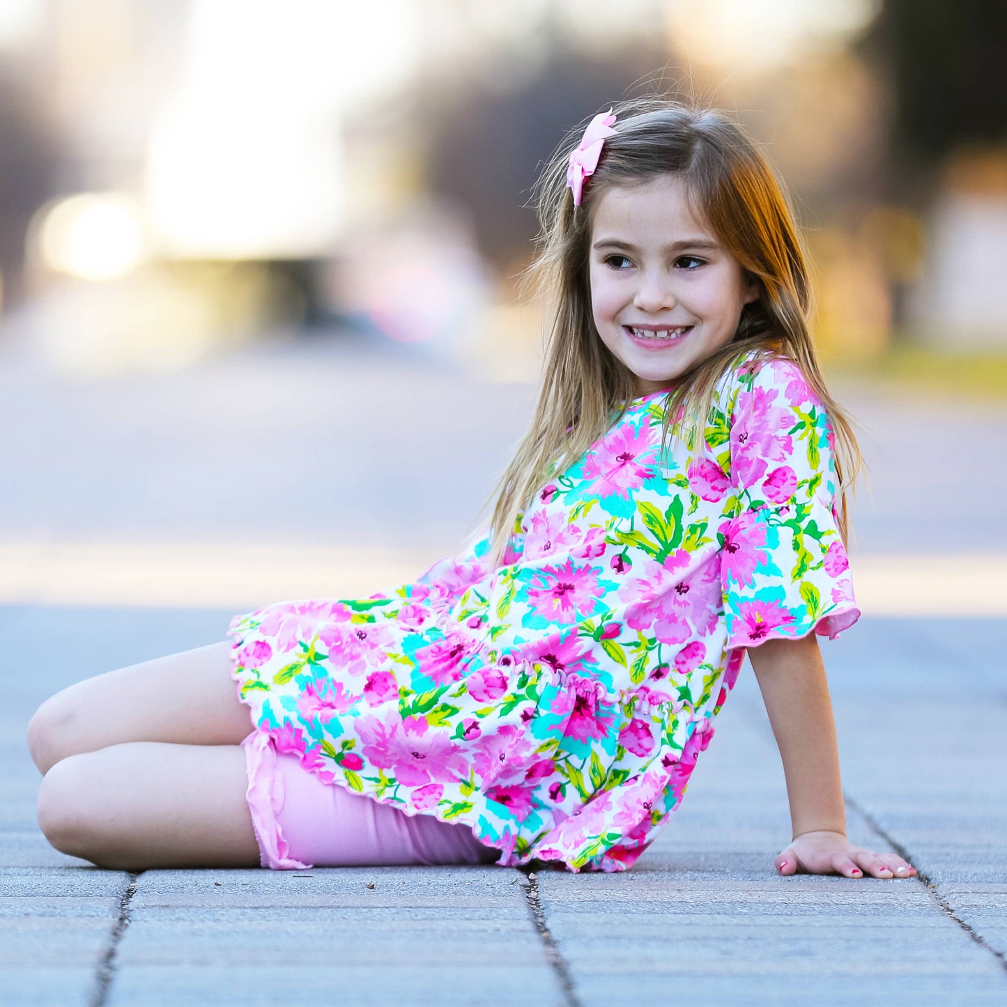 Girls Angel Sleeve Pink Floral Ruffle Hi Low Shirt With Leggings