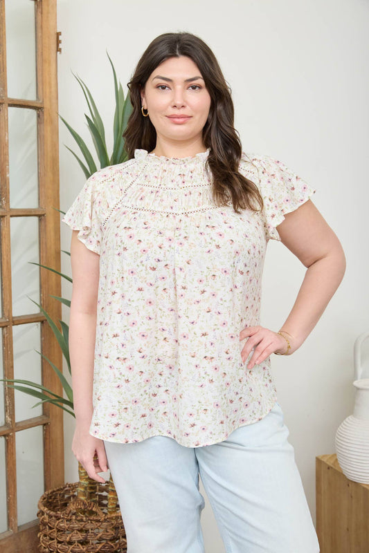 PLUS FLORAL RUFFLE DETAIL LINE LACE YOKE TOP