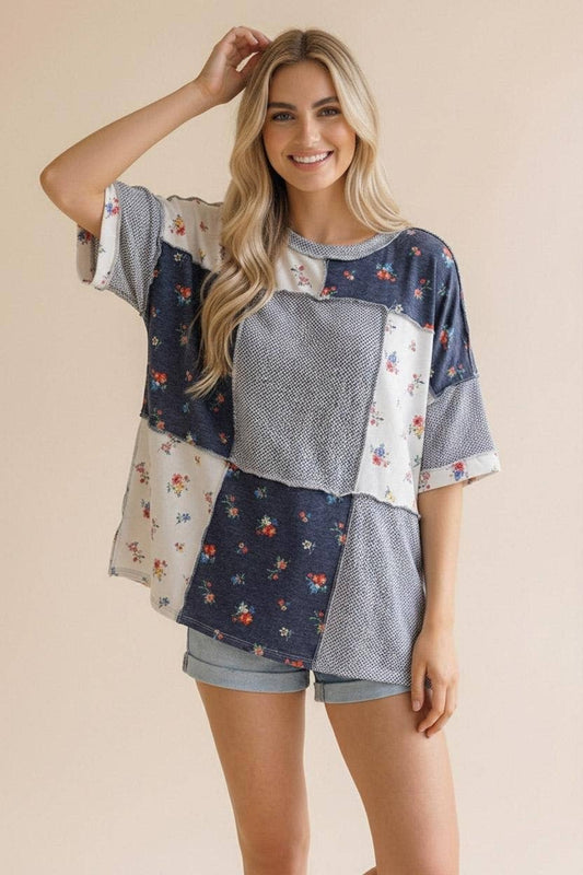 Textured Knit Floral Color Block Patchwork Top