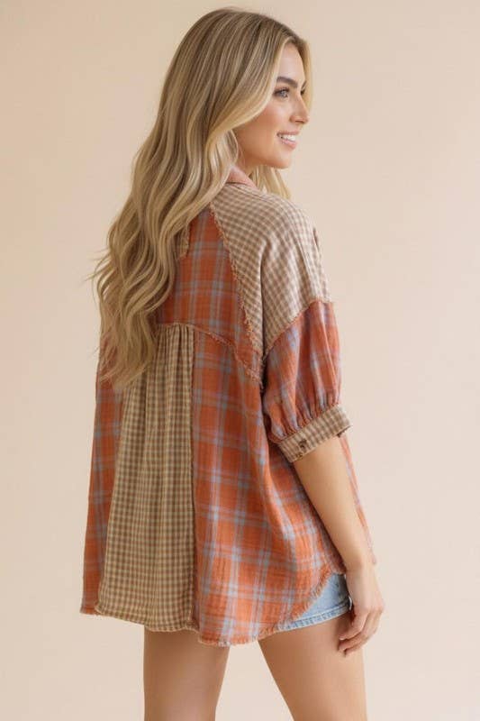 Button Up Raglan Plaid Color Block Shirt Top