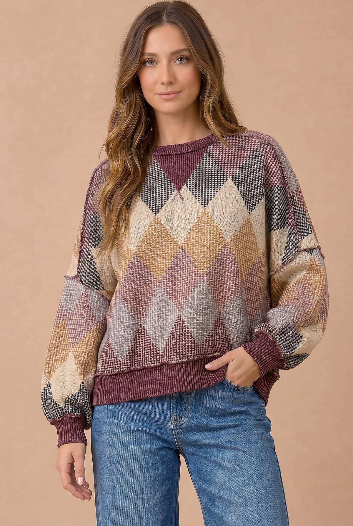 Argyle Waffle Wave Rib Banded Hem Pullover