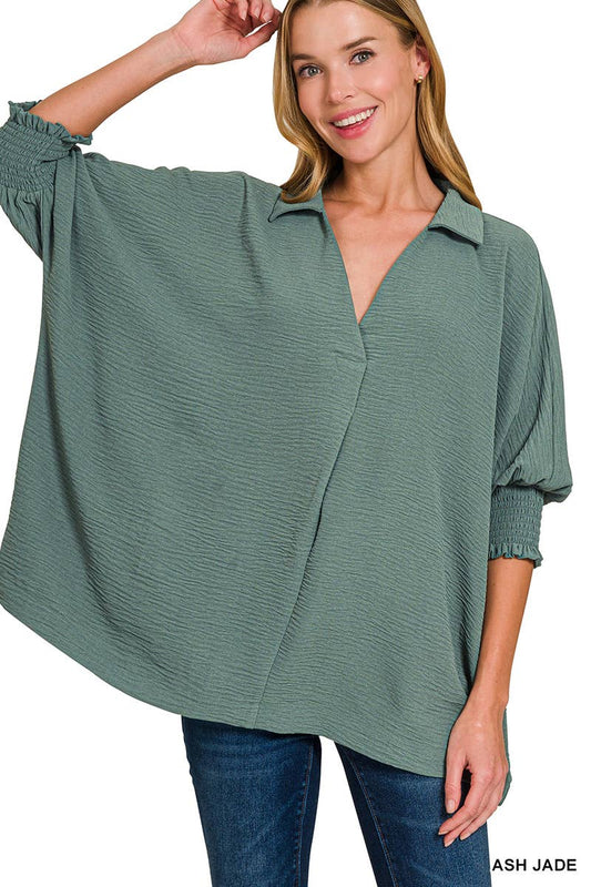 Air Flow Collar Tee With Smocked Sleeve Band Top