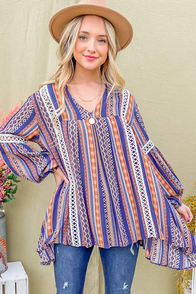 BA12544 - Tie Dye, Aztec Printed Lace Detail Tunic Top